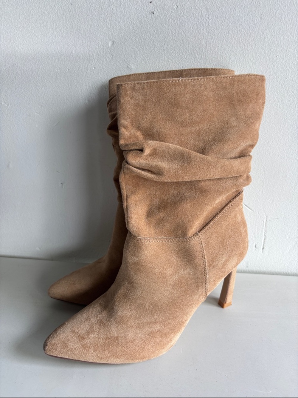 Suede Slouchy Pointed-Toe Heeled Ankle Boots in Tan